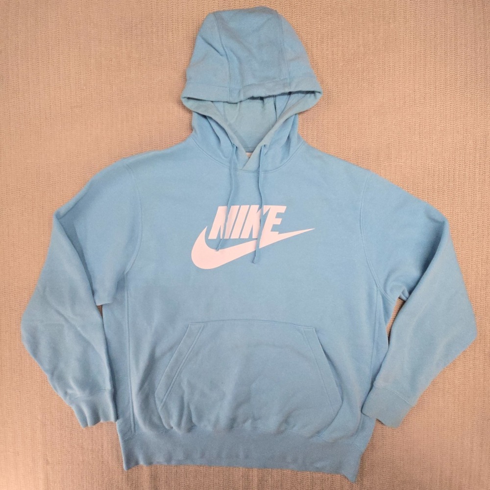 Nike Club Fleece Hoodie Sweatshirt Mens Large Blue Pullover Spellout Swoosh